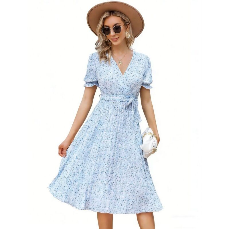 イエスファッション レディース トップス ワンピース Vネック A ライン フラワー柄 プリーツ ミディ フラワー Yesfashion Womens Floral Wrap V-Neck Midi Dresshort Sleeve Tie Waist Pleated Hem A-Line Boho Summer Dress Purple Green Flower グリーン|ReVida 店