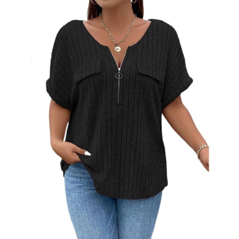ボディサイズ レディース トップス シャツ Vネック プラスサイズ ブラウス BODDYSIZE Women Plusize Top Short Sleeve Blouses Zip-up V Neck Top Womens Fashion Trendy Casual Work Shirt Black ブラック|ReVida 店