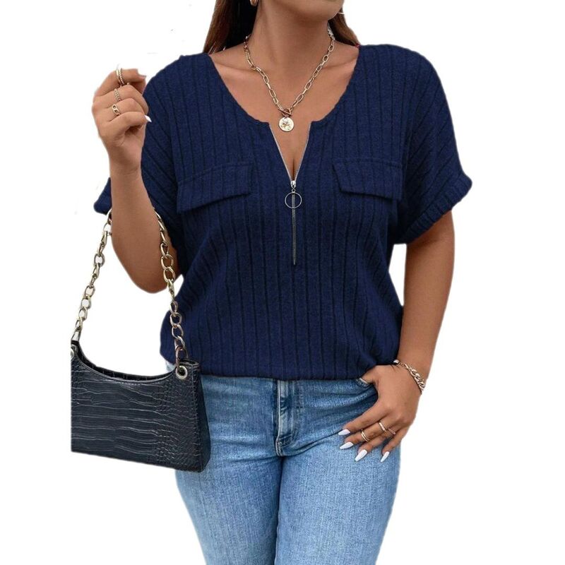 ボディサイズ レディース トップス シャツ Vネック プラスサイズ ブラウス BODDYSIZE Women Plusize Top Short Sleeve Blouses Zip-up V Neck Top Womens Fashion Trendy Casual Work Shirt Dark Blue ブルー|ReVida 店