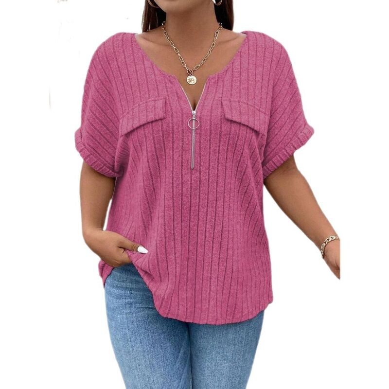 ボディサイズ レディース トップス シャツ Vネック プラスサイズ ブラウス BODDYSIZE Women Plusize Top Short Sleeve Blouses Zip-up V Neck Top Womens Fashion Trendy Casual Work Shirt Rose Red レッド|ReVida 店
