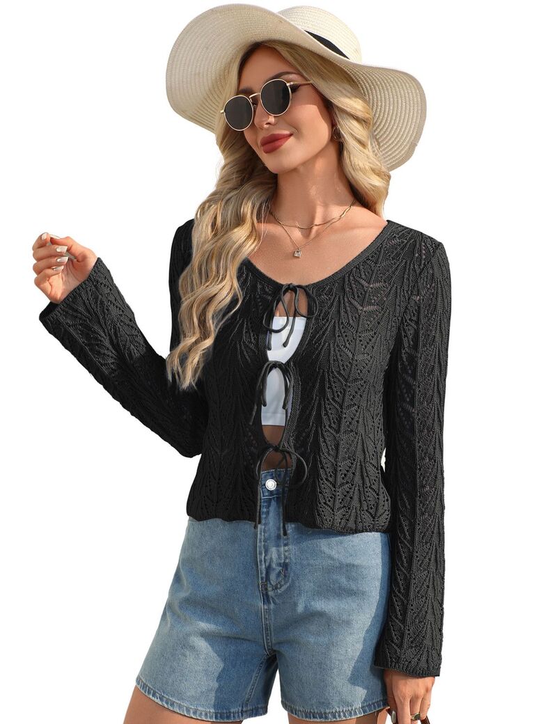 ファンジュライ レディース アウター ニット・セーター Vネック カーディガン FUNJULY Women's V-Neck Open Front Long Sleeve Cardigan Knit Sweater Black ブラック｜ReVida 店