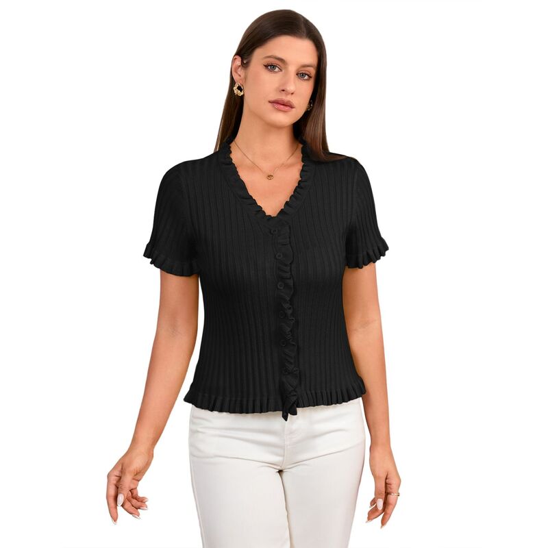 コジョイン レディース トップス シャツ ボタンダウン フリル ダウン Kojooin Women Kintop Ruffle Trim Button Down Casual Shirt Black ブラック｜ReVida 店