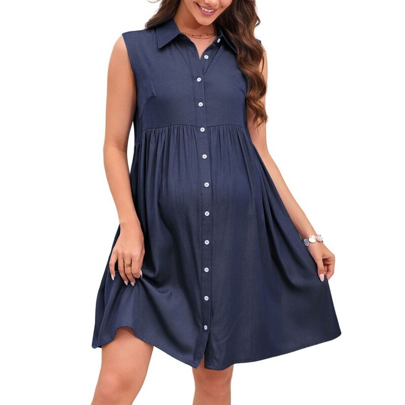 エリートスピリット レディース トップス ワンピース Vネック ポロシャツ フリル ノースリーブ マタニティ EliteSpirit Womens Maternity Dressleeveless Ruffle Polo V Neck Button Casual Work Dress Pregnancy Dark Blue ブルー｜ReVida 店