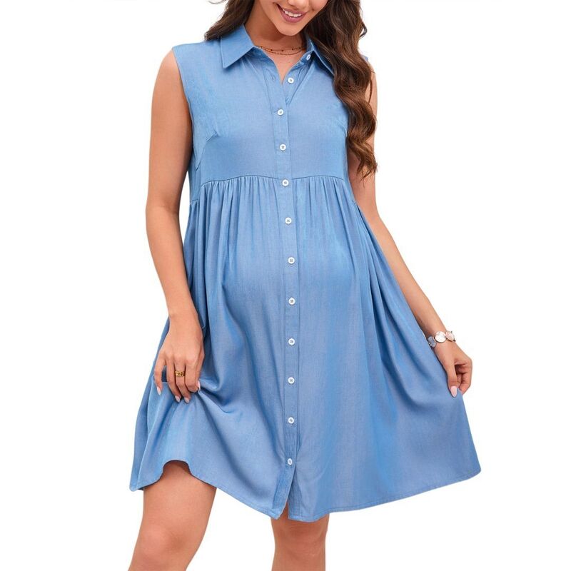 エリートスピリット レディース トップス ワンピース Vネック ポロシャツ フリル ノースリーブ マタニティ EliteSpirit Womens Maternity Dressleeveless Ruffle Polo V Neck Button Casual Work Dress Pregnancy Light Blue ブルー｜ReVida 店