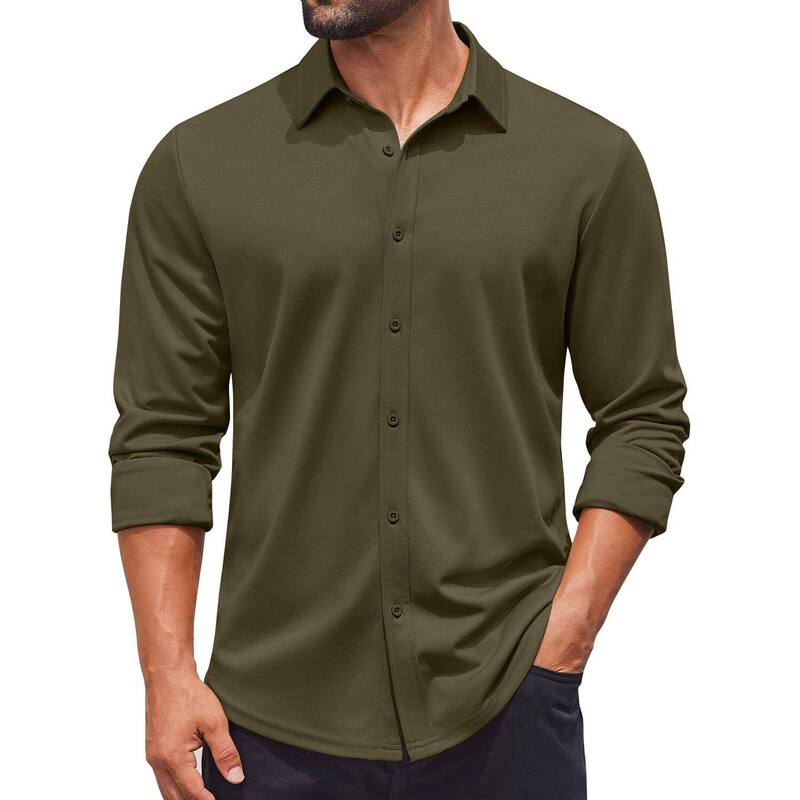 クーファンディ レディース トップス Tシャツ COOFANDY Long Sleeve Shirts for Men Button Up Untucked Shirt Wrinkle Free Casual Shirts Army Green グリーン|ReVida 店