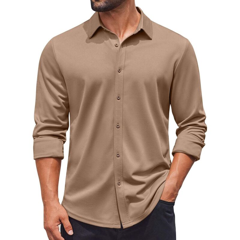 クーファンディ レディース トップス Tシャツ COOFANDY Long Sleeve Shirts for Men Button Up Untucked Shirt Wrinkle Free Casual Shirts Khaki カーキ｜ReVida 店