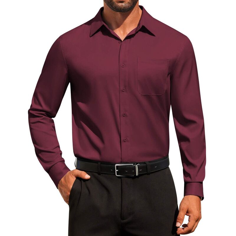 クーファンディ レディース トップス Tシャツ COOFANDY Men' Dresshirtsolid Formal Shirt Wrinkle Free Stretch Long Sleeve Businesshirt Dark Red レッド|ReVida 店