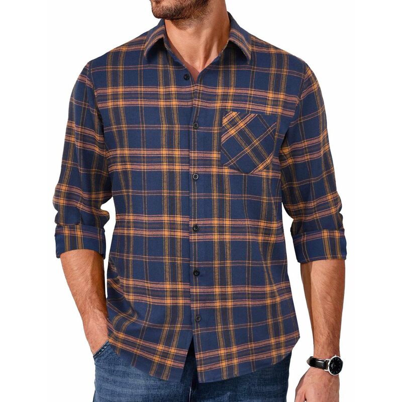 クーファンディ レディース トップス Tシャツ ジャケット COOFANDY Mens Button Up Christmashirts Long Sleeve Flannel Jacket Plaid Casual Fall Shirt Jacket Orange Navy Blue ネイビー|ReVida 店