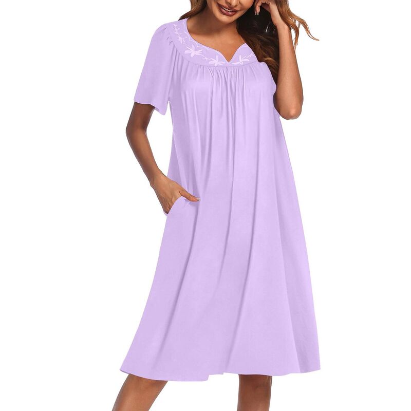 エコアー レディース アンダーウェア ナイトウェア コットン Ekouaer Nightgowns for Women Cottonightgown House Dress with Pocketshort Sleeve Mumu Dress Purple パープル｜ReVida 店