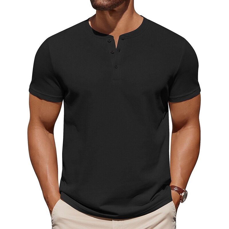 クーファンディ レディース トップス Tシャツ コットン COOFANDY Mens T-Shirts Henley Shirtshort Sleeve Cotton Button Casual Collarless Tees Work Shirts Black ブラック|ReVida 店