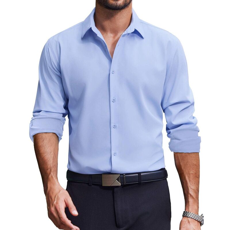 クーファンディ レディース トップス Tシャツ ボタンダウン COOFANDY Mens Dresshirts Long Sleeve Stretch Solid Business Wedding Casual Button Down Shirt Clear Blue ブルー|ReVida 店