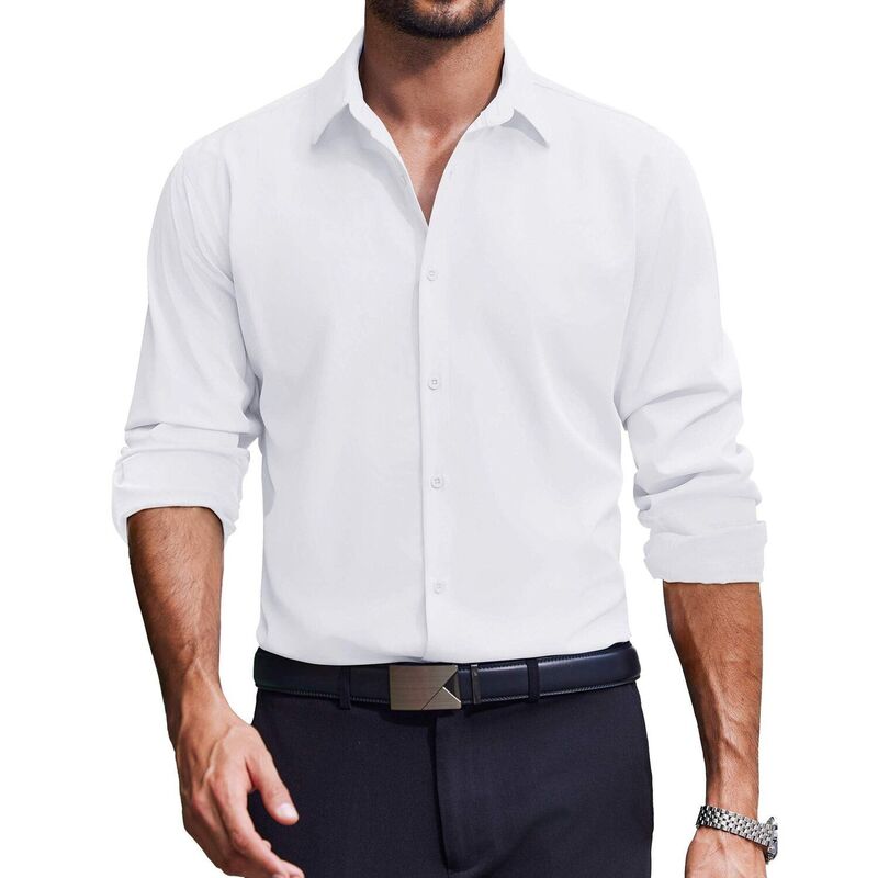 クーファンディ レディース トップス Tシャツ ボタンダウン COOFANDY Mens Dresshirts Long Sleeve Stretch Solid Business Wedding Casual Button Down Shirt White ホワイト｜ReVida 店