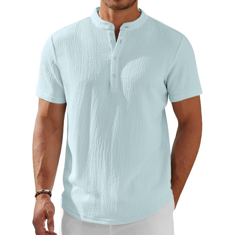 クーファンディ レディース トップス プルオーバー COOFANDY Men\u0027 Henley Shirt Short Sleeve Stand Collar Summer Casual Beachippie T-Shirts Light Blue 青色