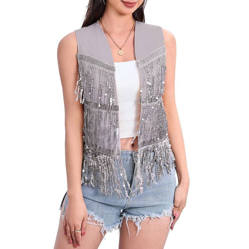 ミスキー レディース アウター ジャケット・ブルゾン ベスト スパンコール ノースリーブ デニム フリンジ MISSKY Women'sequin Fringe Vest 70s Denim Party Prom Rave Hippie Sleeveless Loose Costume Grey グレー｜ReVida 店