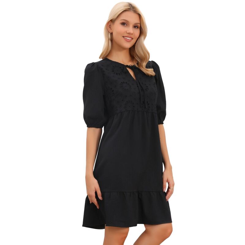 インスパイア シック レディース トップス ワンピース フリル裾 フリル 刺繍 INSPIRE CHIC Summer Babydoll Dress for Womens Embroidered Eyelet Puffy Sleeve Ruffle Hem Short Dresses Black ブラック|ReVida 店