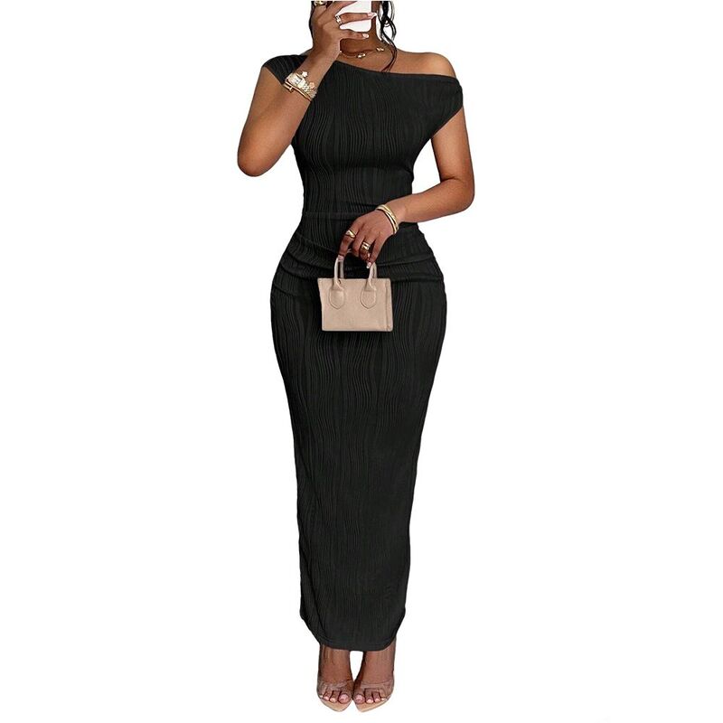 クリアフラワー レディース トップス ワンピース ギャザー ワンショルダー マキシ ClearFlower Women\'s Dress One-Shoulderuched Bodycon Maxi Dress Black ブラック|ReVida 店