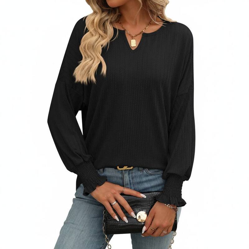 エリートスピリット レディース トップス Tシャツ EliteSpirit Women Long Sleeve Top Casual Solid Shirt Black ブラック|ReVida 店