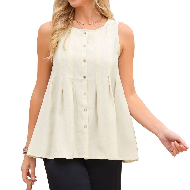 インスパイア シック レディース トップス シャツ プリーツ ノースリーブラウス リネン INSPIRE CHIC Women's Linen Tank Topsummer Sleevelesshirts Button Pleated Babydoll Casual Blouse Beige ベージュ|ReVida 店