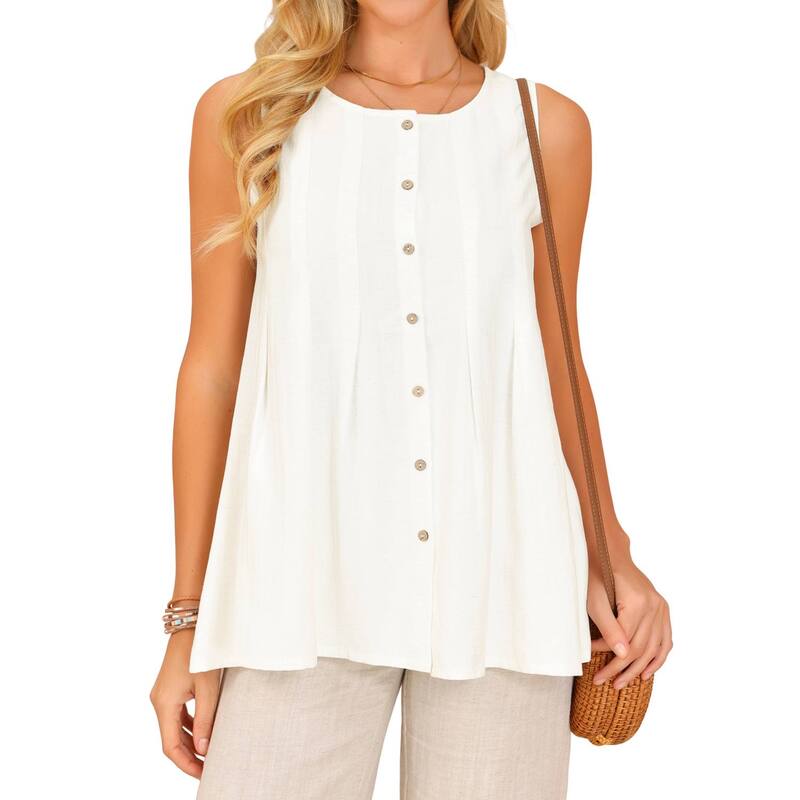 インスパイア シック レディース トップス シャツ プリーツ ノースリーブラウス リネン INSPIRE CHIC Women's Linen Tank Topsummer Sleevelesshirts Button Pleated Babydoll Casual Blouse White ホワイト|ReVida 店