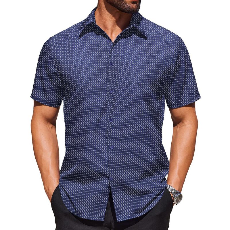 クーファンディ レディース トップス Tシャツ ボタンダウン COOFANDY Shirt for Men Short Sleeve Wrinkle Resistantexturedresshirts Button Down Shirt Navy Blue Square ネイビー|ReVida 店