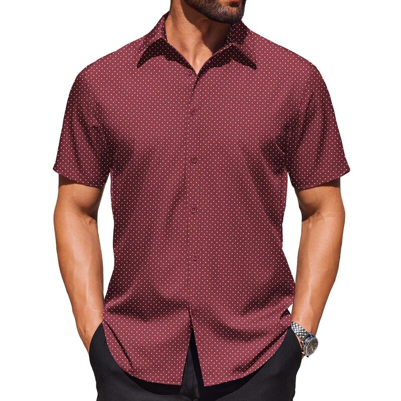 クーファンディ レディース トップス Tシャツ ボタンダウン COOFANDY Shirt for Men Short Sleeve Wrinkle Resistantexturedresshirts Button Down Shirt Wine Red Polka Dots レッド｜ReVida 店