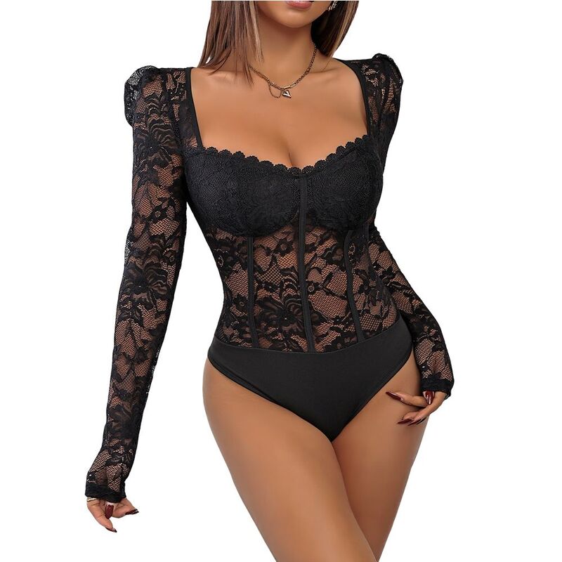 クリアフラワー レディース トップス Tシャツ フラワー柄 シアー ボディースーツ レース ClearFlower Women Lace Bodysuit Long Sleeve Square Neck Sheer Floralace Corset Bodysuit with Snap Closure Black ブラック|ReVida 店