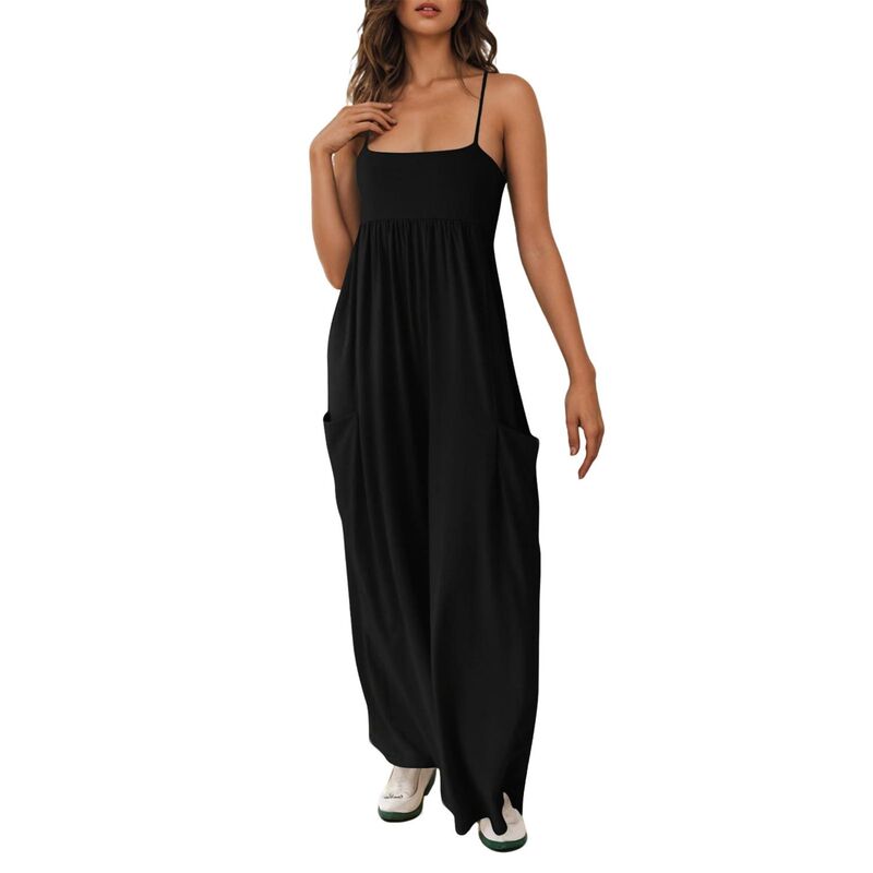 クリアフラワー レディース トップス ワンピース ワイドレッグ ロンパース ノースリーブ ジャンプスーツ ClearFlower Women'spaghetti Strap Wide Leg Jumpsuit Flowy Sleeveless Romper with Pockets Black ブラック｜ReVida 店 9,475円