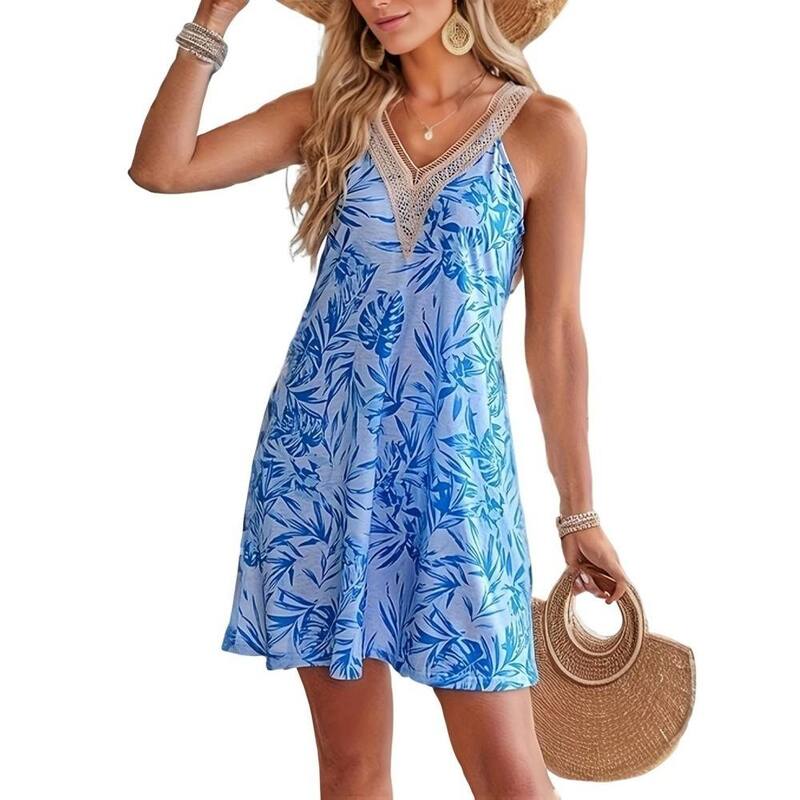 イエスファッション レディース トップス ワンピース Vネック A ライン ミニ レース Yesfashion Women\'s Boho Flower Mini Dress Lace V-Neck Spaghetti Straps A-Line for Beach Vacation Wear Blue Flower ブルー｜ReVida 店