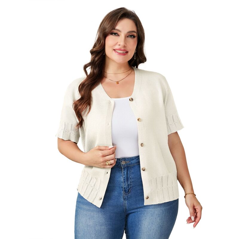 セオリア レディース アウター ニット・セーター ボタンダウン プラスサイズ カーディガン ダウン Seoria Plusize Women Button Down Short Sleeve Knit Cardigan Lightweight Casual Top White ホワイト|ReVida 店