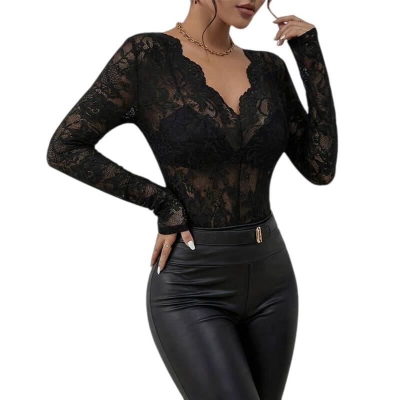 イエスファッション レディース トップス シャツ スリムフィット Vネック フラワー柄 メッシュ レース フラワー Yesfashion Women Lace Long Sleeve V-Neck Floral Embroidery Mesh Date Outfitslim Fit See Through Tops Black ブラック|ReVida 店