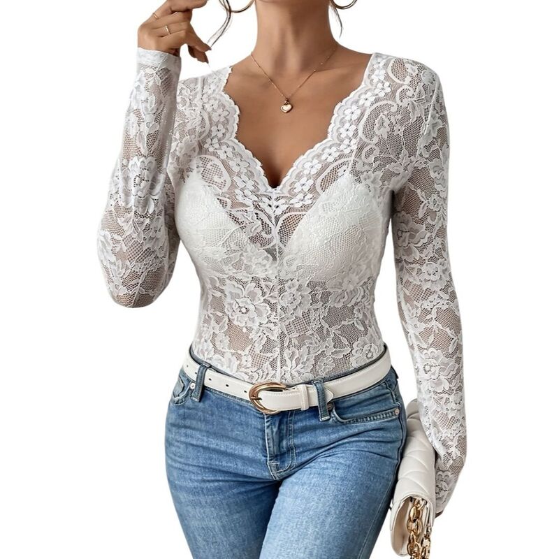 イエスファッション レディース トップス シャツ スリムフィット Vネック フラワー柄 メッシュ レース フラワー Yesfashion Women Lace Long Sleeve V-Neck Floral Embroidery Mesh Date Outfitslim Fit See Through Tops White ホワイト|ReVida 店