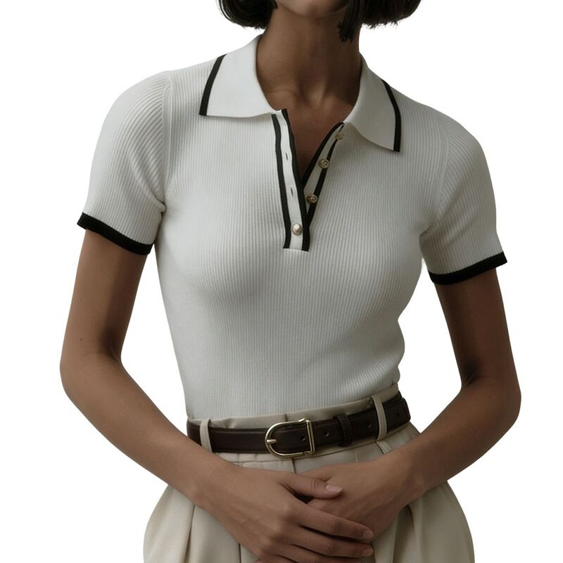 エリートスピリット レディース トップス シャツ リブラウス EliteSpirit Womenshort Sleeve Collar Neck Button Ribbed Fitted Casual Top Blouse White ホワイト｜ReVida 店