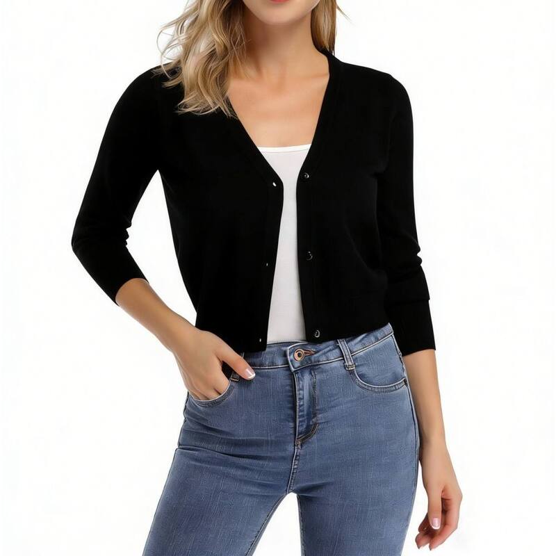 イエスファッション レディース アウター ニット・セーター カーディガン クロップド Yesfashion Women's Causal 3/4 Sleeve Open Front Cropped Cardigan Sweater Lightweight Knit Short Shrugs Black ブラック|ReVida 店