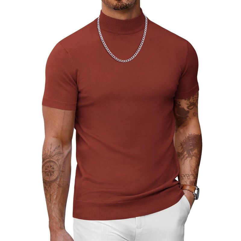クーファンディ レディース アウター ニット・セータートルネック リブ Tシャツ COOFANDY Men' Mock Turtleneck Sweater Short Sleeve Casual Basic Tops Ribbed Knit Pullover Solid Tee Caramel|ReVida 店