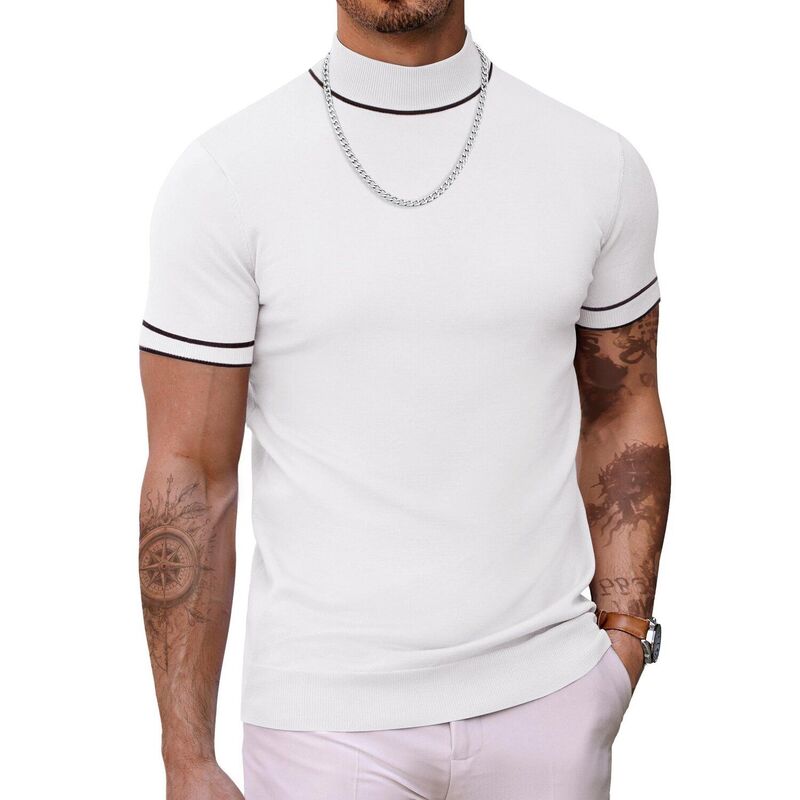 クーファンディ レディース アウター ニット・セータートルネック リブ Tシャツ COOFANDY Men' Mock Turtleneck Sweater Short Sleeve Casual Basic Tops Ribbed Knit Pullover Solid Tee Striped White ホワイト|ReVida 店