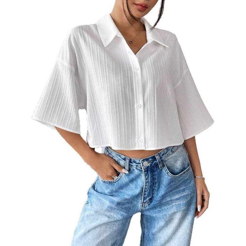 上半身大きさ レディース トップス プルオーバー 名取り草落ちこむ トップ BODDYSIZE Women Half Sleeve Casualoose Blouse Lapel Collared Button Down Crop Blouses Business Office Shirts White 白いこと