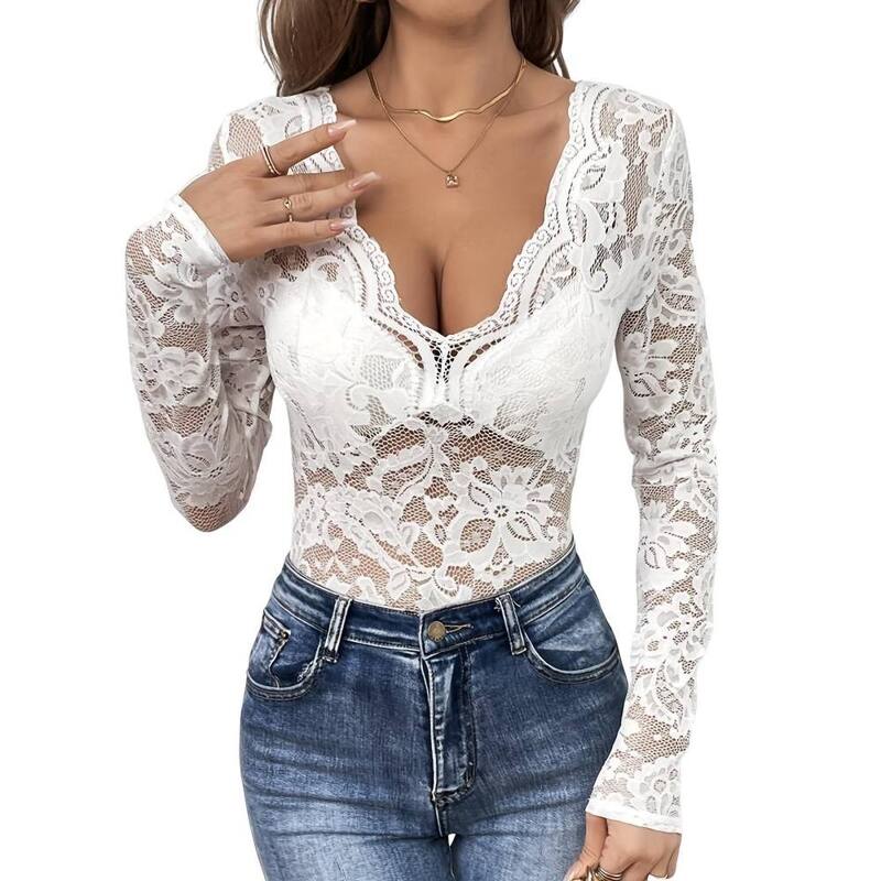 上半身大きさ レディース トップス プルオーバー か細い填まる Vのど首 シアー トップ スピード競技 BODDYSIZE Women\u0027s Date Party Daily Slim Fit Blouse V Neck Scalloped Trim Long Sleeve Sheer Lace Blouse Tops White 白いこと