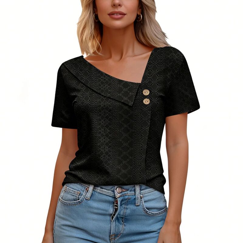 エリート肝ったま レディース トップス プルオーバー Vのど首 非対称 トップ EliteSpirit Women\u0027summer Eyelet Short Sleeve V Neck Asymmetric Boho Shirt Button Loose Fit Casual Top Blouse Black 黒いこと