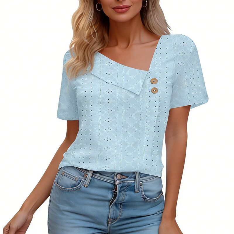 エリート肝ったま レディース トップス プルオーバー Vのど首 非対称 トップ EliteSpirit Women\u0027summer Eyelet Short Sleeve V Neck Asymmetric Boho Shirt Button Loose Fit Casual Top Blouse Blue 青色