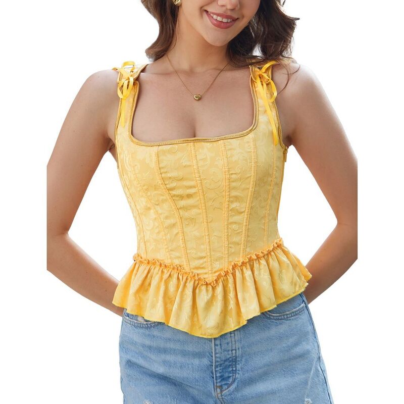 エリートチョイス レディース トップス プルオーバー フラウンス裾 フラウンス スピード競技 Elitechoice Women\u0027square Neck Jacquard Corsetop Ruffle Hem Back Lace-Up Bustier Top Yellow 黄色