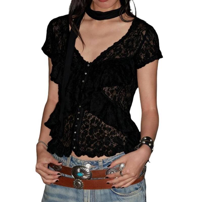 エリートチョイス レディース トップス プルオーバー Vのど首 スピード競技 Elitechoice Women\u0027s Lace Crochetop V-Neck Y2k Tie Neck for Party Club Wear Black 黒いこと