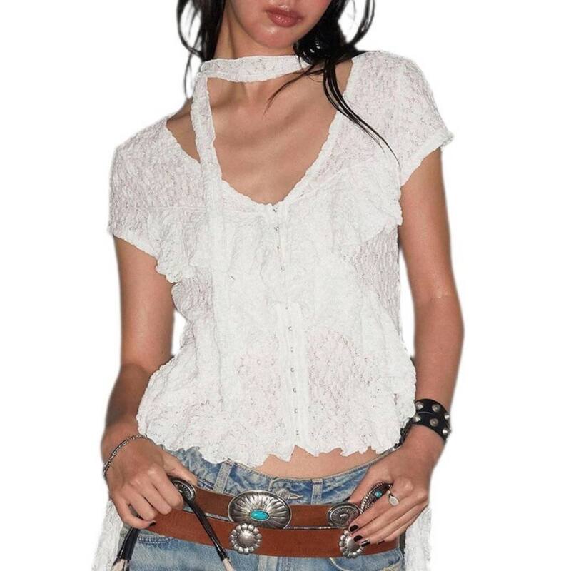 エリートチョイス レディース トップス プルオーバー Vのど首 スピード競技 Elitechoice Women\u0027s Lace Crochetop V-Neck Y2k Tie Neck for Party Club Wear White 白いこと