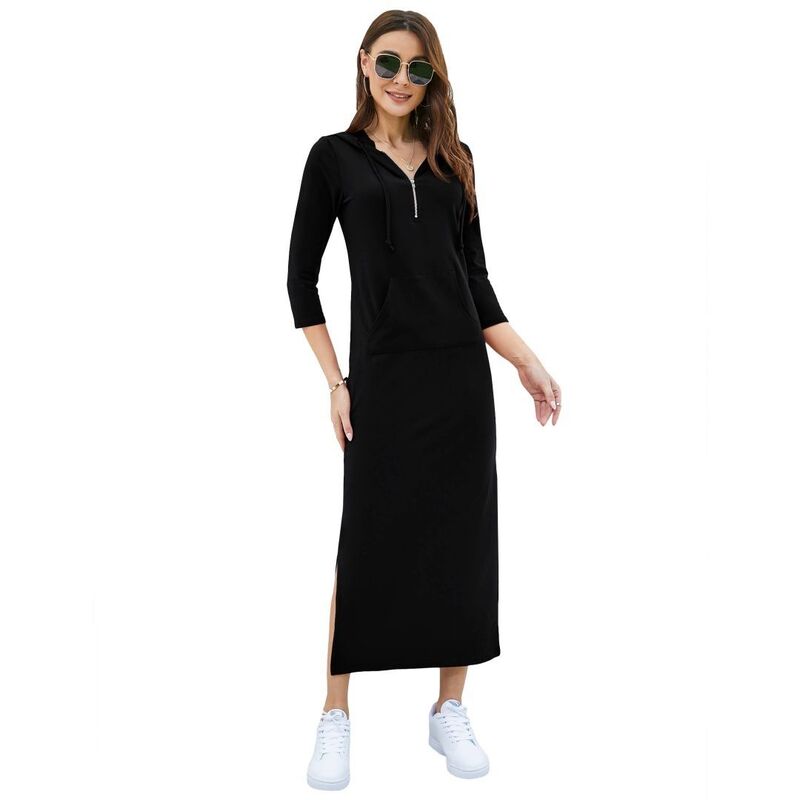 救い主流行り物 レディース トップス 衣装 マキシ パーカー Yesfashion Women\u0027s Casual 3/4 Sleeve Pullover Hoodie Maxi Dresses Zipper Neck Side Split Dress Black 黒いこと
