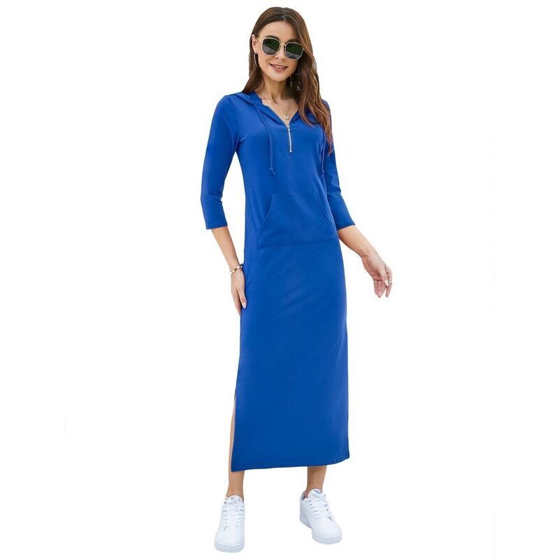 救い主流行り物 レディース トップス 衣装 マキシ パーカー Yesfashion Women\u0027s Casual 3/4 Sleeve Pullover Hoodie Maxi Dresses Zipper Neck Side Split Dress Blue 青色