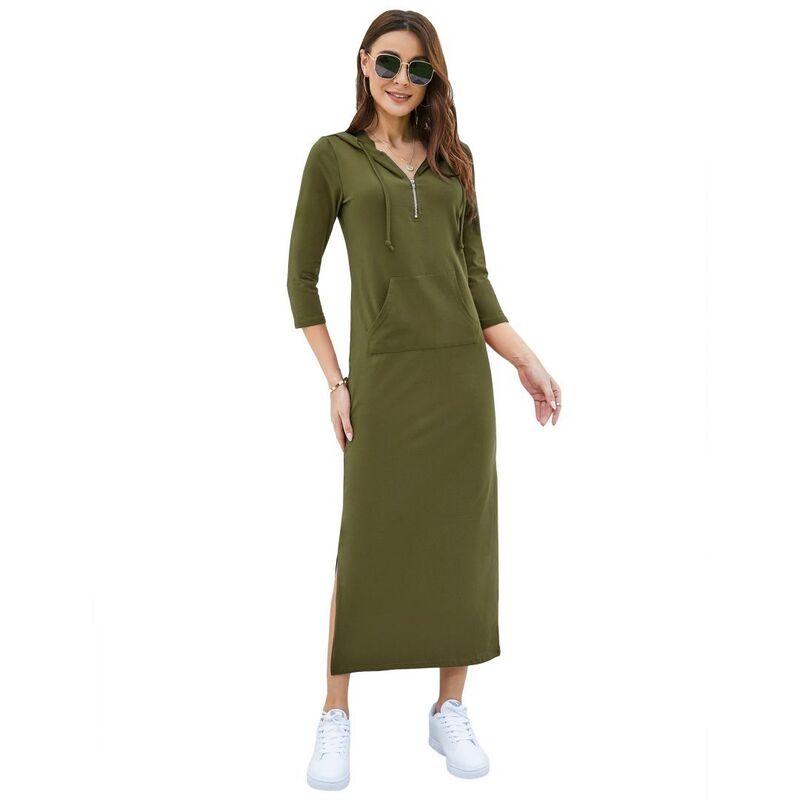 救い主流行り物 レディース トップス 衣装 マキシ パーカー Yesfashion Women\u0027s Casual 3/4 Sleeve Pullover Hoodie Maxi Dresses Zipper Neck Side Split Dress Green 緑であること
