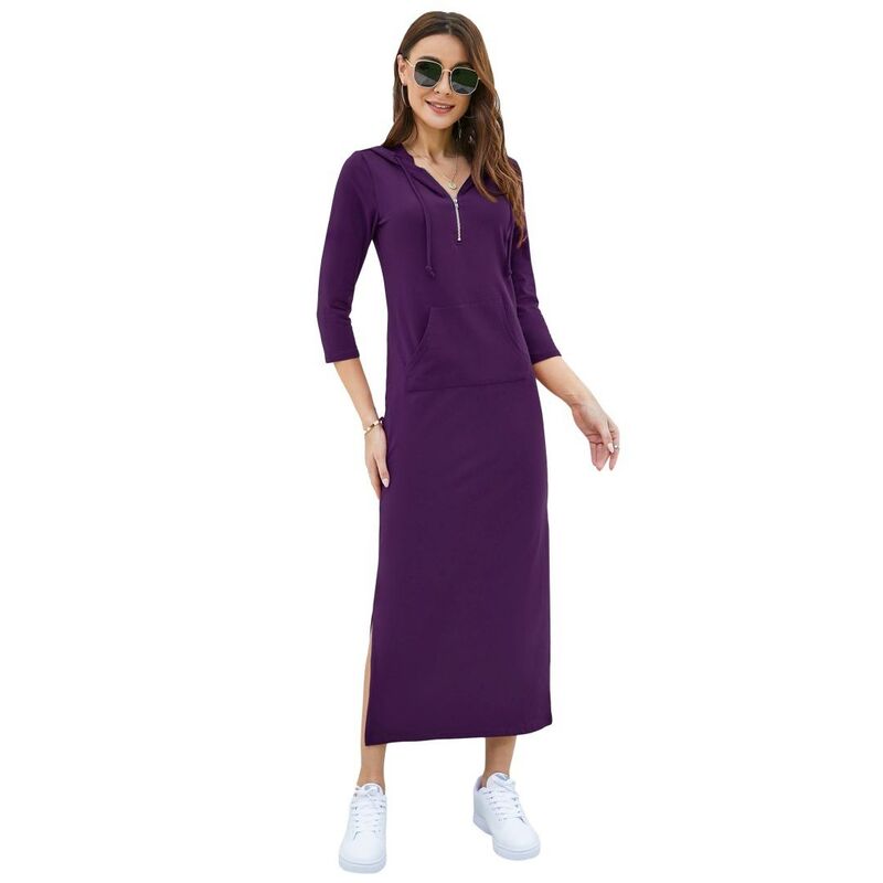 救い主流行り物 レディース トップス 衣装 マキシ パーカー Yesfashion Women\u0027s Casual 3/4 Sleeve Pullover Hoodie Maxi Dresses Zipper Neck Side Split Dress Purple パープル
