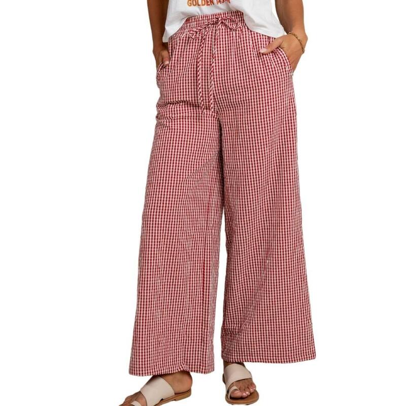 救い主流行り物 レディース ボトムス 心地よいズボン下 ワイドレッグ 御機嫌酉の方角 Yesfashion Women High Waist Checkered Business Casual Plaid Wide Leg Pants with Pockets Red 赤いこと