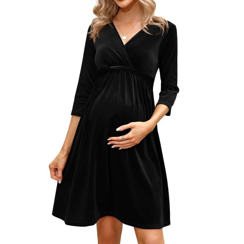 救い主流行り物 レディース トップス 衣装 Vのど首 天鵝絨 マタニティ Yesfashion Women\u0027s Maternity Velvet Dress V Neck 3/4 Sleeve Wrap Front Flowy Pregnancy Dress Black 黒いこと