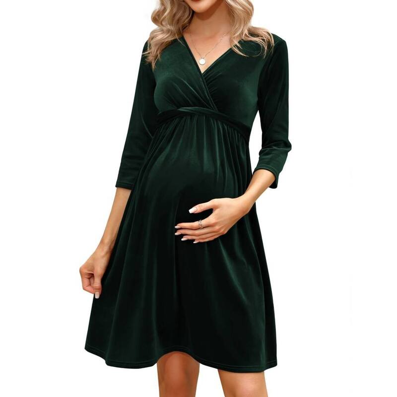 救い主流行り物 レディース トップス 衣装 Vのど首 天鵝絨 マタニティ Yesfashion Women\u0027s Maternity Velvet Dress V Neck 3/4 Sleeve Wrap Front Flowy Pregnancy Dress Dark Green 緑であること
