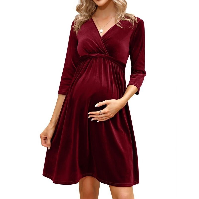 救い主流行り物 レディース トップス 衣装 Vのど首 天鵝絨 マタニティ Yesfashion Women\u0027s Maternity Velvet Dress V Neck 3/4 Sleeve Wrap Front Flowy Pregnancy Dress Wine Red 赤いこと
